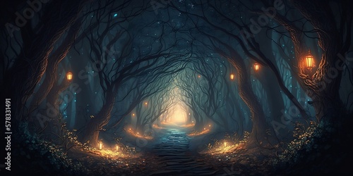 forêt sombre et mystérieuse, format panoramique - illustration ia 