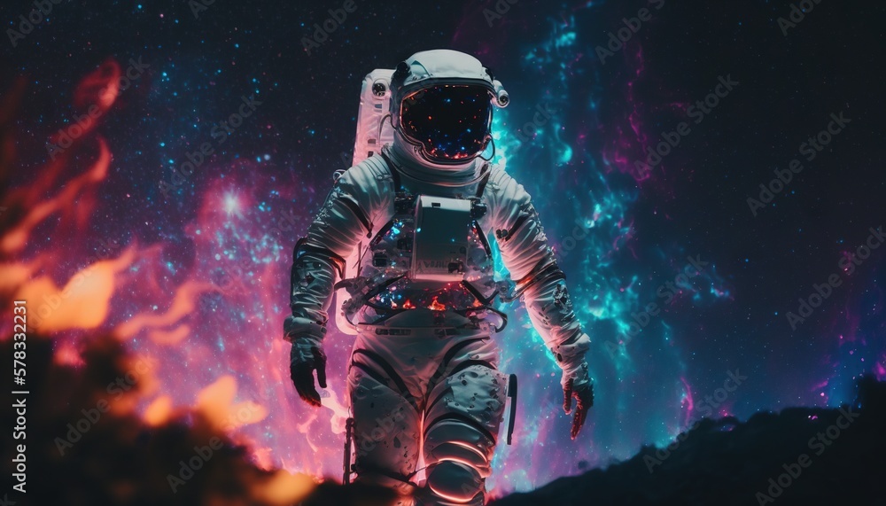 Fototapeta premium Vivid colorful illustrations of astronaut in space surfing on surfboard waves of galaxies generate ai.