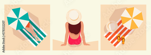 Set of summer holiday posters. Retro beach vacation illustration. Girl under an umbrella on the beach, girl sunbathing on the beach. Beach umbrella, towel, hat