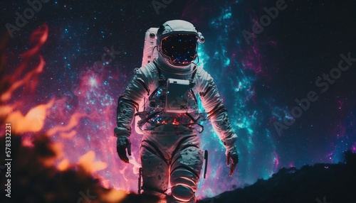 Vivid colorful illustrations of astronaut in space surfing on surfboard waves of galaxies generate ai.