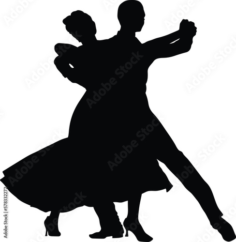 sports couple dancer dancing waltz, black silhouette on white background, vector illustration