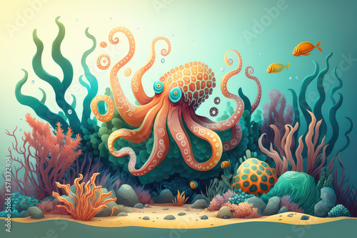 cartoons of Beautiful octopus, coral and colorful reefs and algae on sand. 3d illustration of sea landscape. (ai generated)
