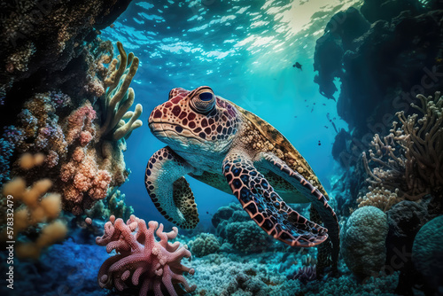 Image for 3d floor. Underwater world. Turtle. corals. (ai generated)