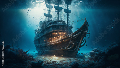 Beautiful underwater world with a pirate ship. Generative AI