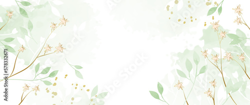 Abstract art vector. Luxury green wallpaper in minimalist style with wildflowers and botanical leaves, organic shapes, watercolor. Vector background for banner, poster, web and packaging.