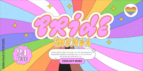 Lgbtq or pride month or day cute web banner, landing page, greeting post card, placard, flyer or poster with funny trendy groovy elements on rainbow background. Event invitation in 90s style.