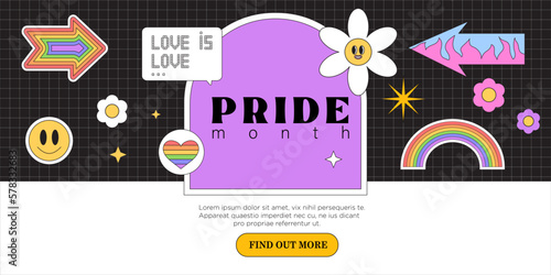 Lgbtq or pride month or day cute web banner, landing page, greeting post card, placard, flyer or poster with trendy groovy elements and arch frame for text or photo. Event invitation in 90s style.