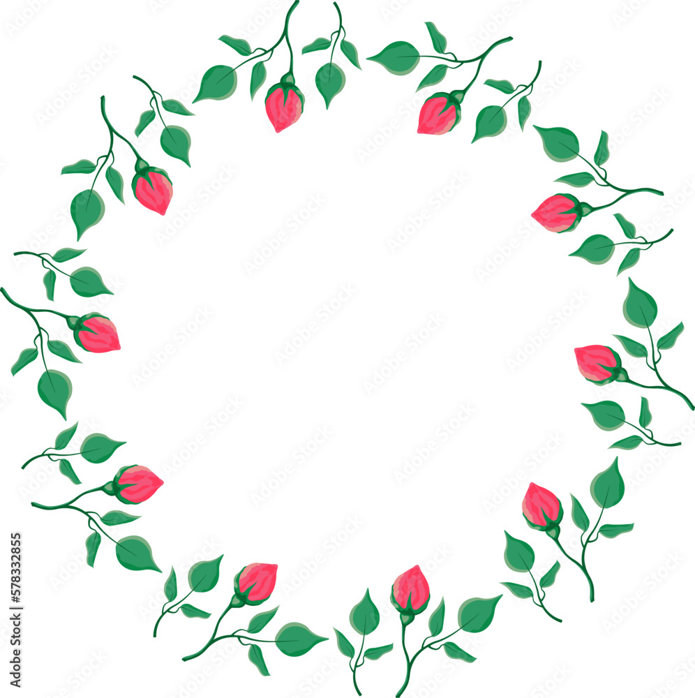 Fototapeta premium Floral round frame with pink rose flowers with leaves vector