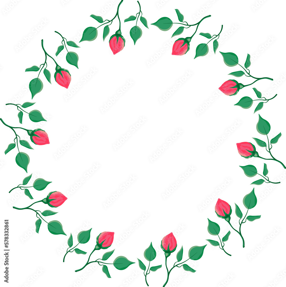 Floral round frame with pink rose flowers with leaves Floral round frame with pink rose flowers with leaves