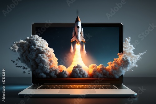 Rocket launch from a laptop screen. Generative AI