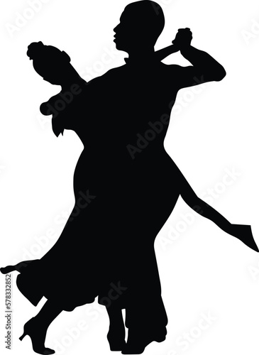 couple dancer sport dancing competition, black silhouette on white background, vector illustration