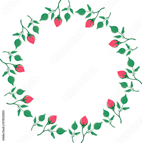 Floral round frame with pink rose flowers with leaves  vector