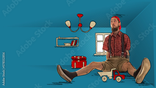 Creative artwork with young man wering kids clothes sitting in imaginary children's room among his kids toys. Concept of adult infantilism, comfort zone, fears, mental health