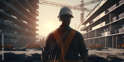 construction engineer on the background of buildings under construction and cranes, generative AI