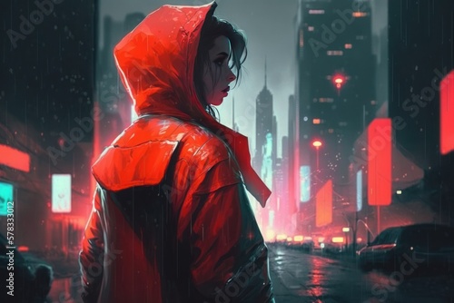 generative ai. Cyberpunk. Night city in neon rays. The girl in the red raincoat is coming