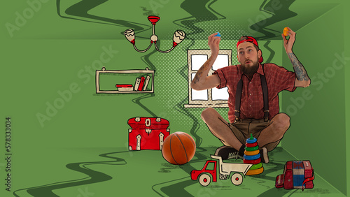 Conceptual collage with emotional young man sitting in imaginary children's room among his kids toys. Concept of adult infantilism, comfort zone, fears, mental health