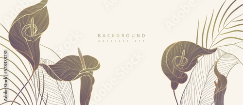 Botanical line bakground with flowers and leaves. Floral foliage for wedding invitation, wall art or card template. Vector illustration. Luxury rustic trendy art