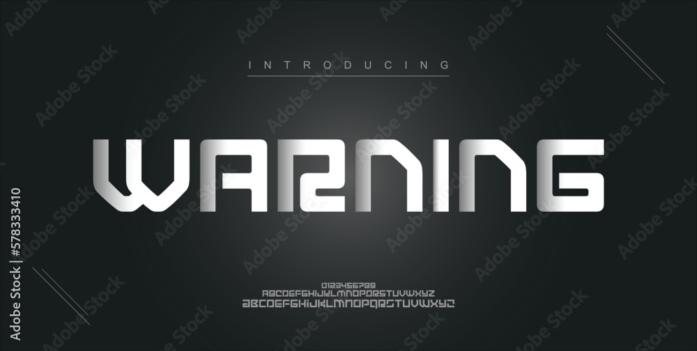 Fototapeta premium Warning digital modern alphabet new font. Creative abstract urban, futuristic, fashion, sport, minimal technology typography. Simple vector illustration with number
