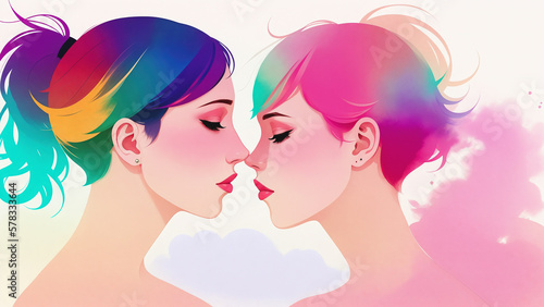 Generative AI illustration. Two girls face to face. Abstract female faces on a watercolor background. The concept of friendship, support, love. LGBT couple.