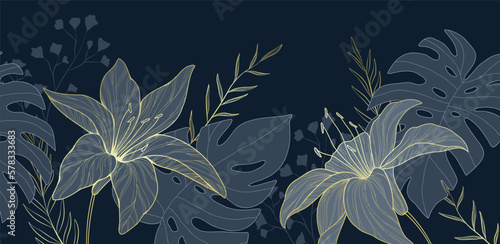 Botanical line bakground with flowers and leaves. Floral foliage for wedding invitation, wall art or card template. Vector illustration. Luxury rustic trendy art