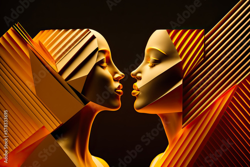 Silhouette of two women facing each other in an attitude of kissing on a black background. Made with geometric shapes of golden color. Generative AI photo