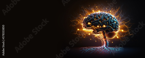 Human brain close-up showing neural pathways and neurons firing, Banner, Copy Space, Generative AI