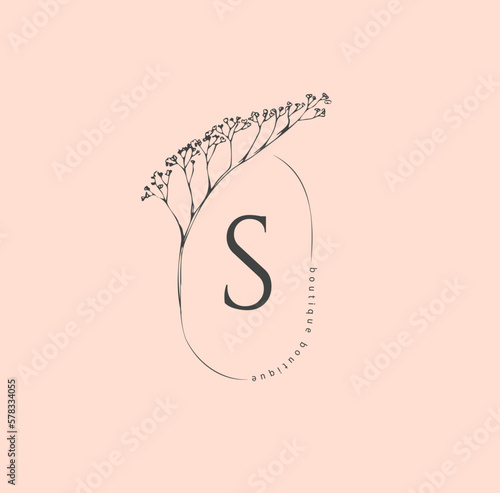 Minimal feminine floral monogram and logo. Hand drawn wedding herb, elegant leaves. Botanical rustic trendy greenery vector
