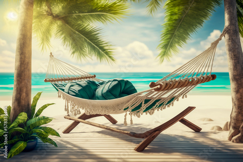 3d beautiful landscape beach sea and palm trees with hammock  super photo realistic background  generative ai