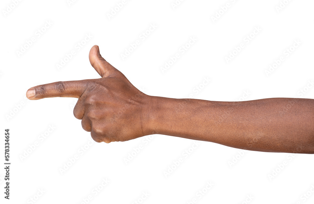 Man pointing finger in order to show something, isolated on white or ...