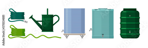 Hoses, tanks and barrel for rain water storage in garden. Big metal and plastic reservoirs with taps, watering can and rubber pipes for irrigate plants, vector cartoon set isolated on white background