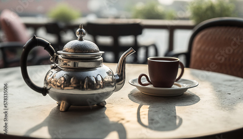 A cup of tea and tea kettle on the table on a rooftop