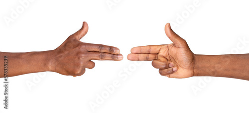 Male hands pointing with two fingers making shooting gun gesture isolated on white or transparent background.  photo