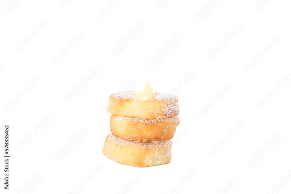 Concept of tasty sweet food, cheese pancakes, isolated on white background Concept of tasty sweet food, cheese pancakes, isolated on white background