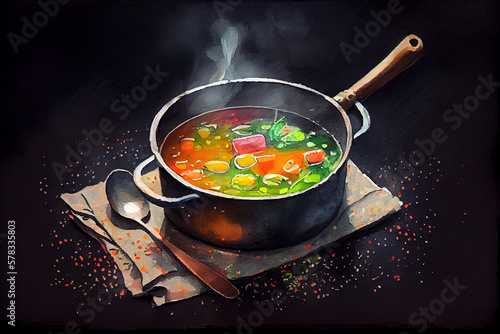 A steaming hot soup served in a pan with rich broth and chunks of vegetables, generative ai illustration