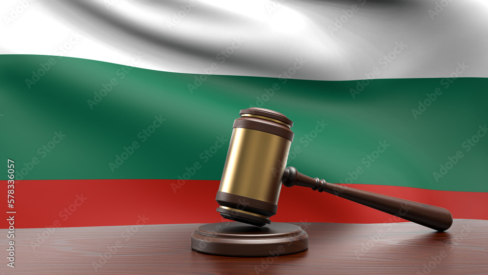 Bulgaria country national flag with judge gavel hammer on court desk concept of constitutional law and justice based on wood desk table 3d rendering image