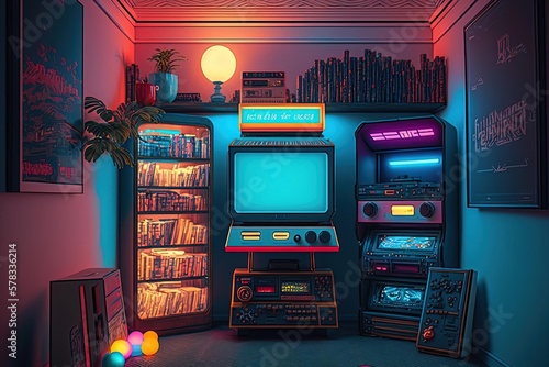 Cyberpunk Maximalism: Outdoor Retro Arcade with TV in Lofi Album Art Style Room

