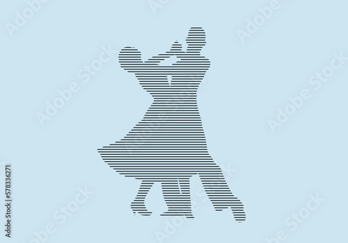 couple dancer dancing viennese waltz, silhouette in black lines on blue background, vector illustration