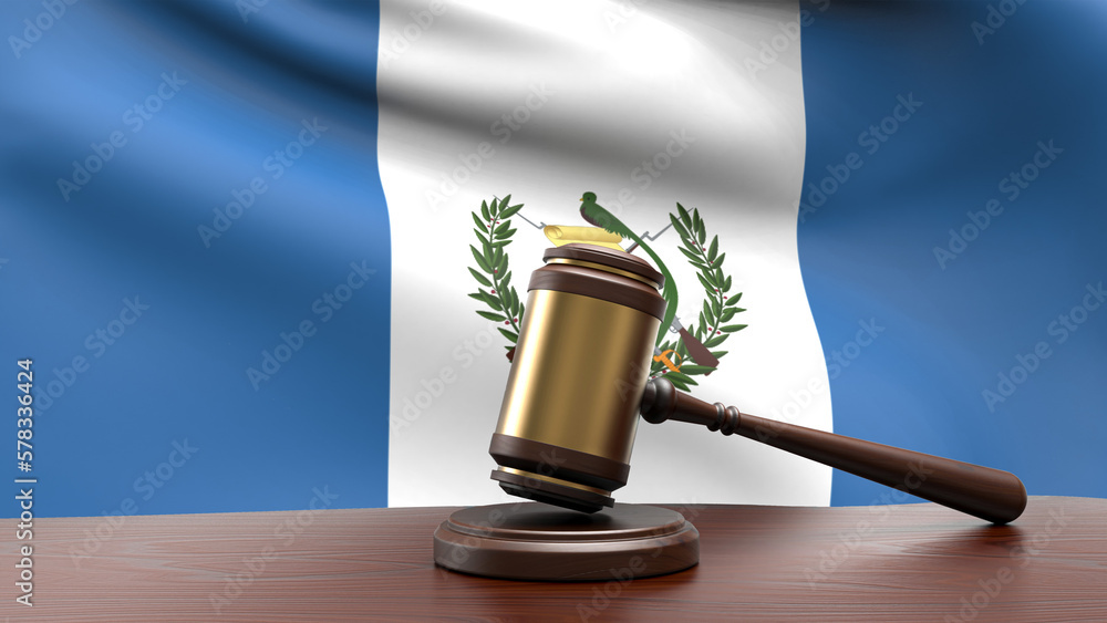 Guatemala country national flag with judge gavel hammer on court desk concept of constitutional law and justice based on wood desk table 3d rendering image