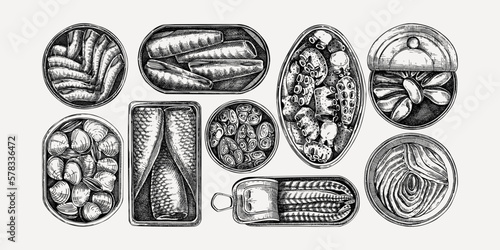 Hand-drawn canned fish and shellfish illustrations collection. Sardines, anchovy, mackerel, tuna, and mussels in tin cans sketches set in engraved style. Healthy food vector drawings in vintage style
