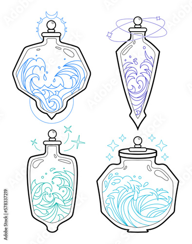 Set of magic potion bottles with glass