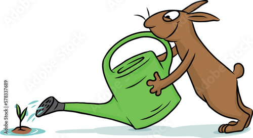 Cartoon Illustration von einem niedlichen Hasen bei der Gartenarbeit, der mit der Gießkanne den Setzling einer grünen Pflanze für mehr Wachstum gießt