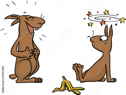 Witzige Cartoon Illustration von einem ungeschickten Hasen, der auf einer Banane ausgerutscht auf dem Boden sitzt und voller Schadenfreude ausgelacht wird
