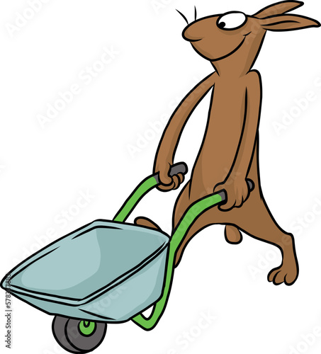 Cartoon Illustration von einem niedlichen Hasen, der tatkräftig und eifrig lächelnd eine Schubkarre für den Transport auf Baustellen und bei der Gartenarbeit schiebt