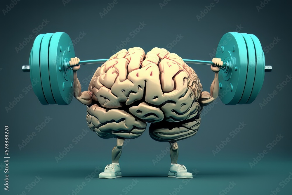 Human brain lifting a heavy dumbbell. Brain activation/strong human brain power concept mind memory health. Generative AI  - obrazy, fototapety, plakaty 