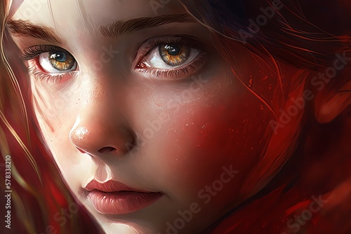 A close-up fictional person with red hair and earnest eyes. Generative AI