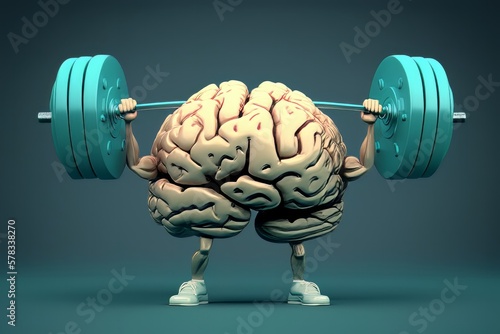 Human brain lifting a heavy dumbbell. Brain activation/strong human brain power concept mind memory health. Generative AI  photo