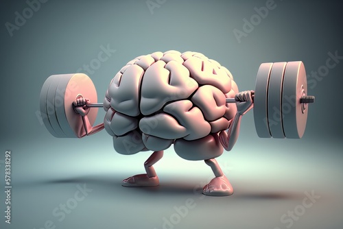 Human brain lifting a heavy dumbbell. Brain activation/strong human brain power concept mind memory health. Generative AI 