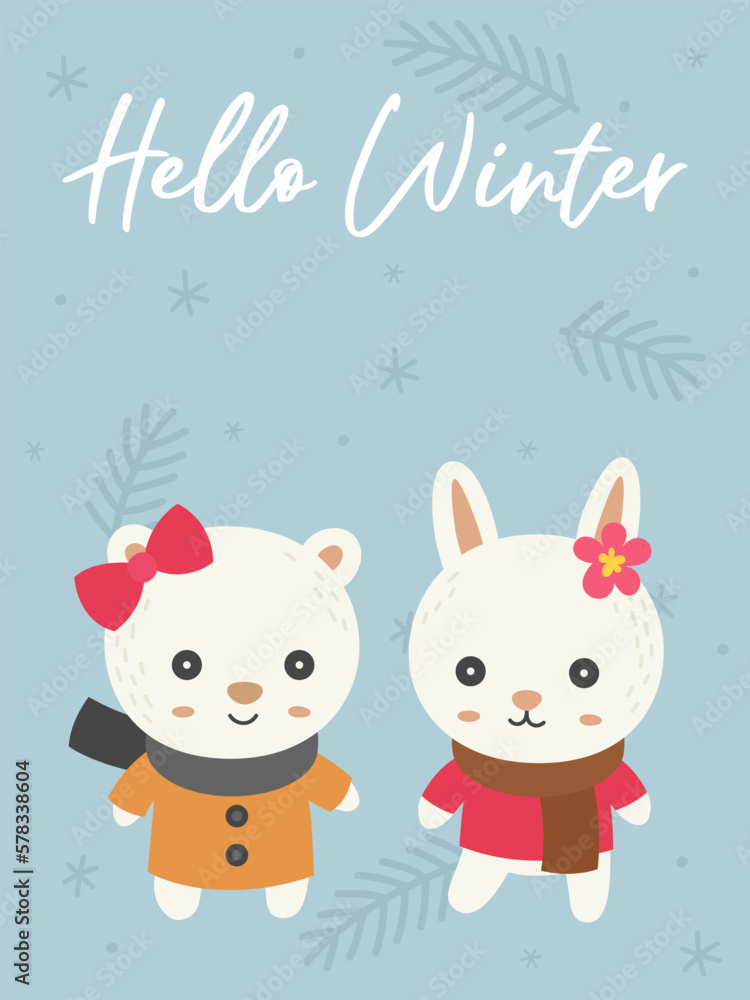 Winter animals doodle with winter theme background