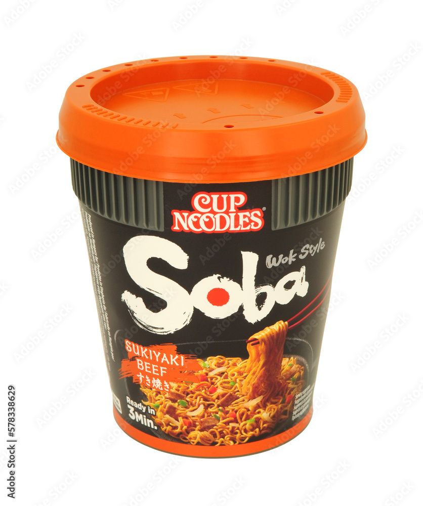 Nissin Soba cup noodles sukiyaki wok style flavour instant noodles in an 80g tub Stock Photo