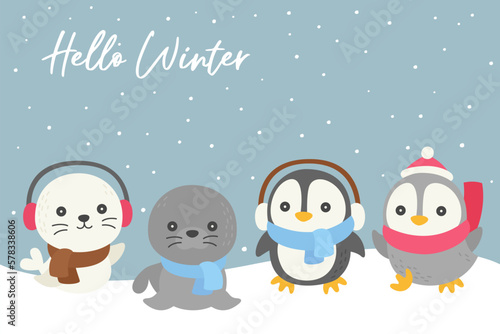 Winter animals doodle with snow theme background